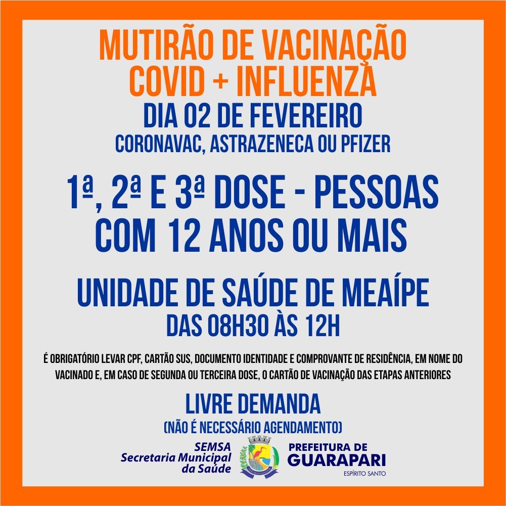 Prefeitura realiza mutirão de vacinação nesta quarta(02), em Meaípe