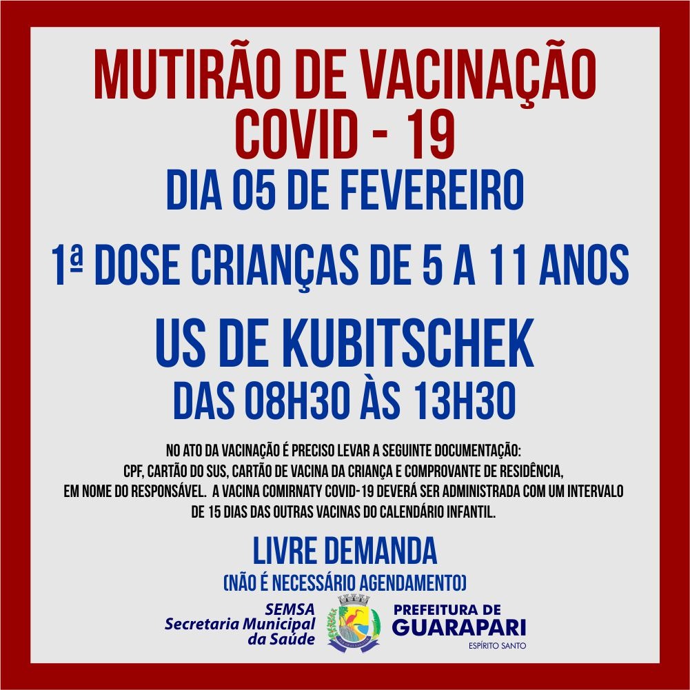 Prefeitura realiza ação de vacinação para crianças neste sábado(05), na unidade de saúde de  Kubitscheck