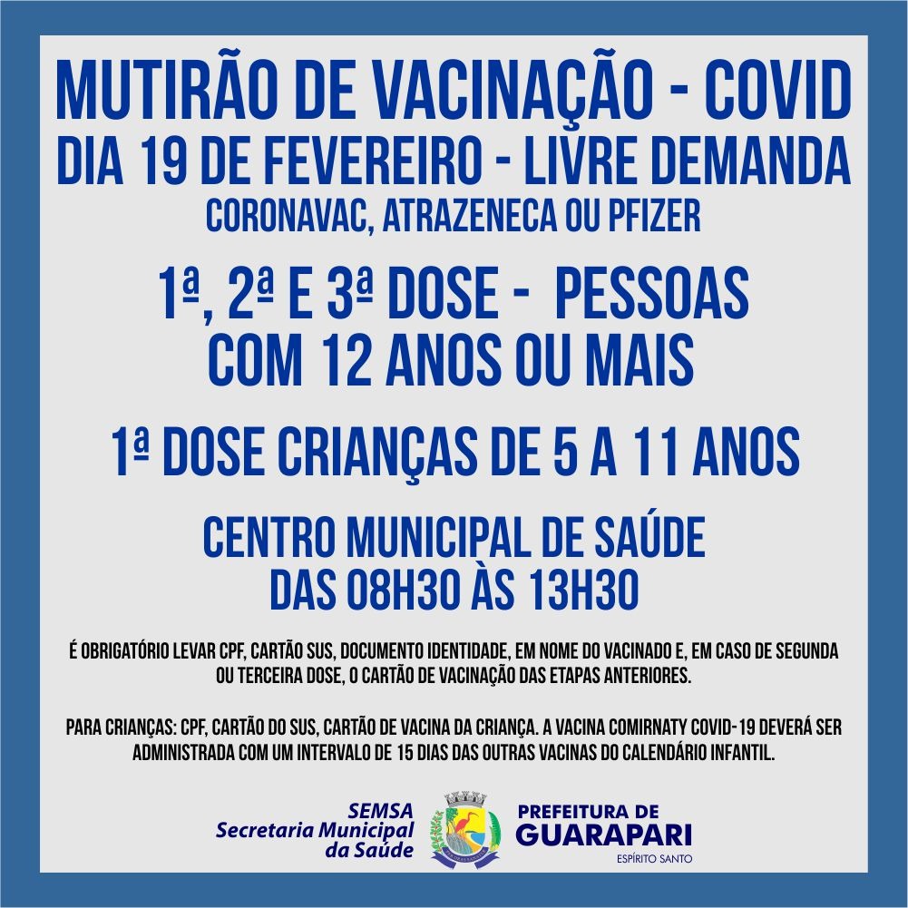 Prefeitura realiza mutirão de vacinação para crianças e adolescentes amanhã(19), no Centro Municipal de Saúde.