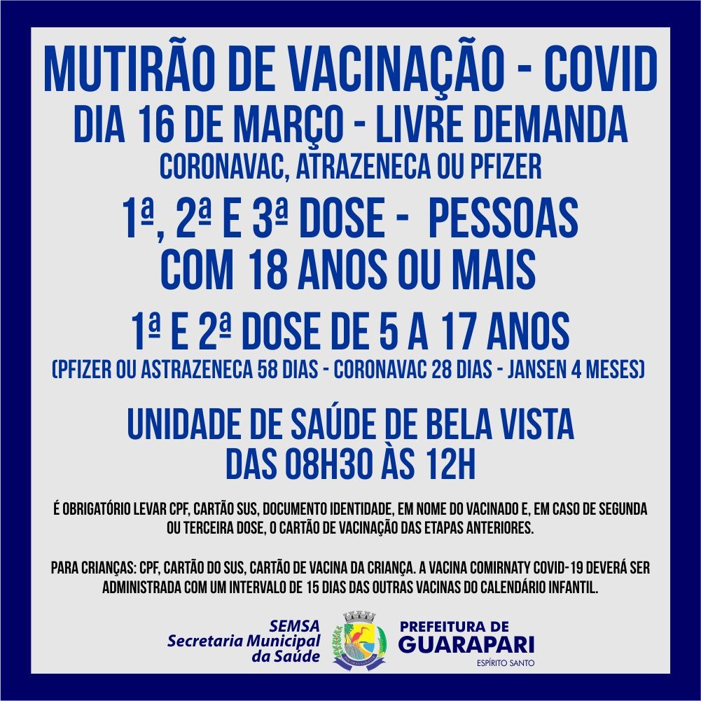 Prefeitura realiza nesta quarta(16), mais um mutirão de vacinação na unidade de saúde, de Bela Vista.