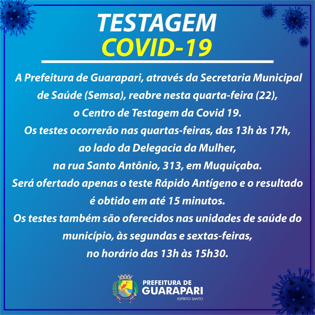 Prefeitura reabre Centro de Testagem em Guarapari