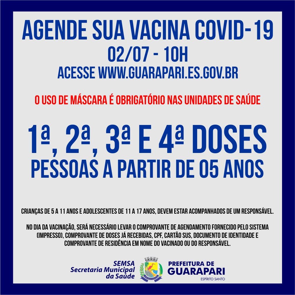 Prefeitura abre agendamento para vacinação Covid, neste sábado (02)