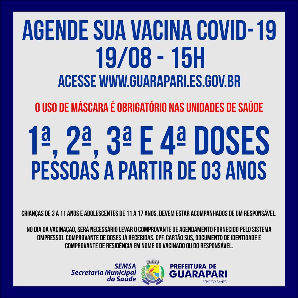 Prefeitura abre novo agendamento para vacinação Covid, nesta sexta(19). 