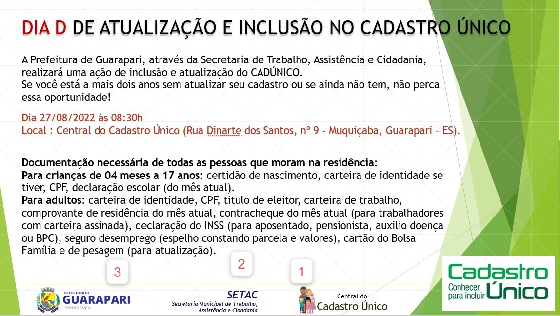 Prefeitura realizará Dia D de Atualização e Inclusão no Cadastro Único