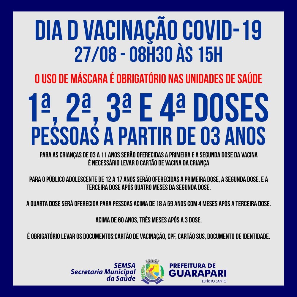 Prefeitura realizará Dia D de Vacinação Covid para todos os públicos.