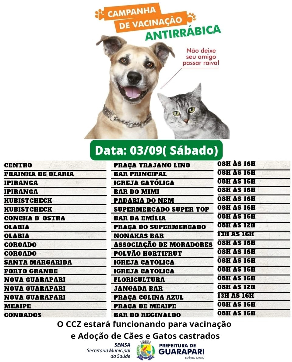 Prefeitura realiza neste sábado(03), mais um dia da campanha de vacinação antirrábica de cães e gatos. 