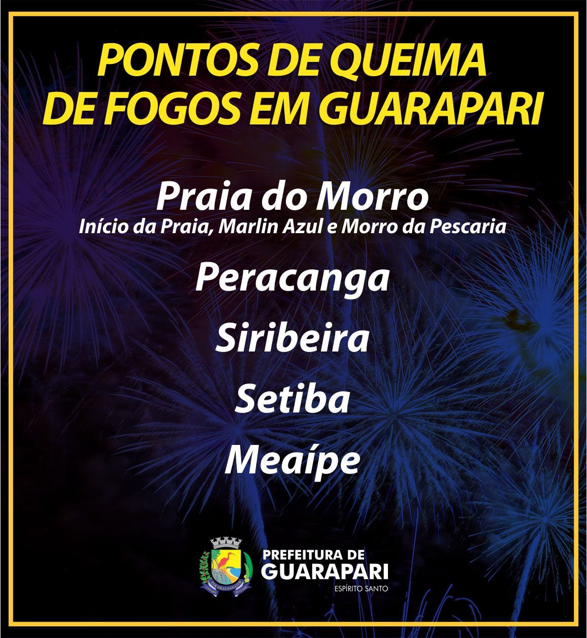 Prefeitura realizará queima de fogos nas orlas de Setiba, Praia do Morro, Centro, Peracanga e Meaípe 