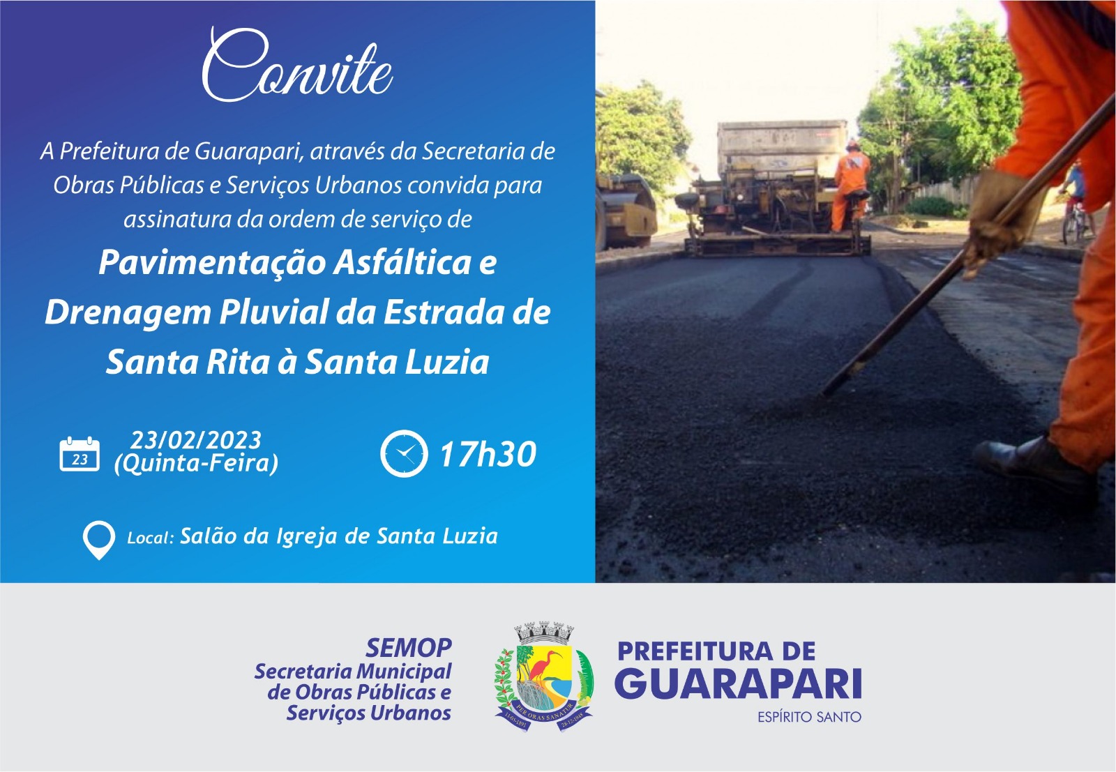 Prefeitura realizará nesta quinta(23), cerimônia de Ordem de Serviço para obra drenagem e pavimentação em Santa Luzia