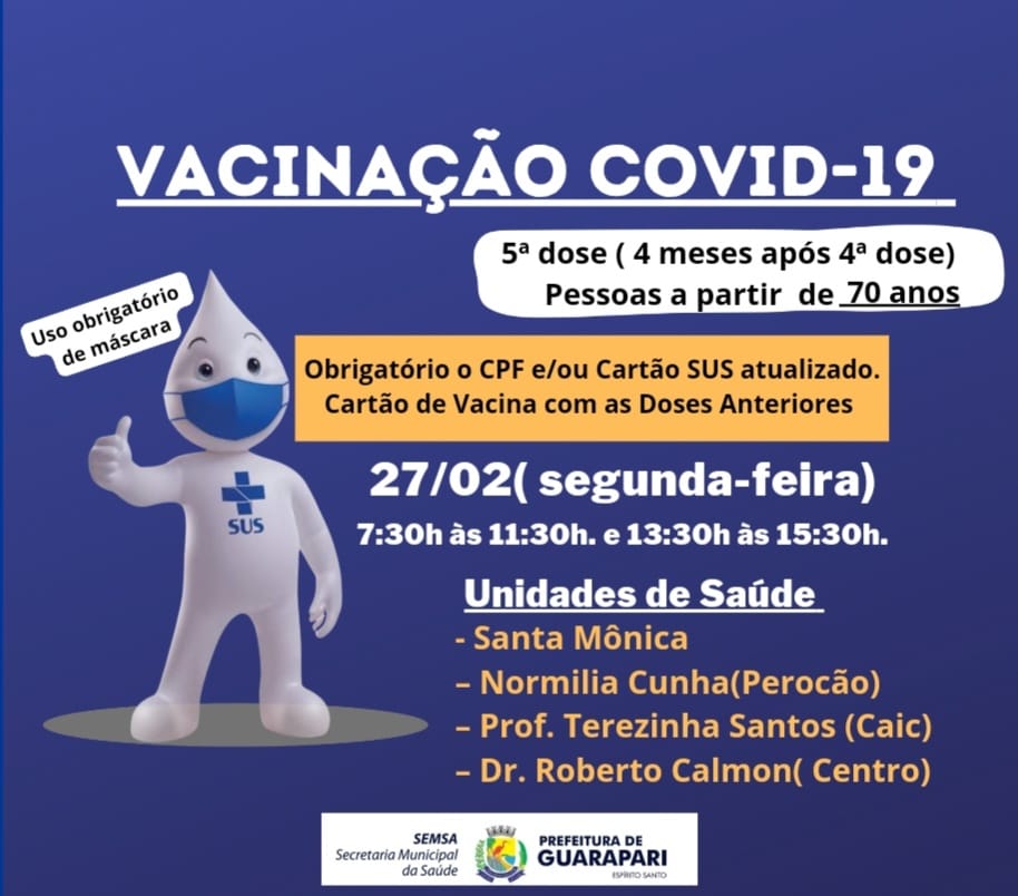 Prefeitura realizará Ação de Vacinação Covid, na próxima segunda -feira (27). 
