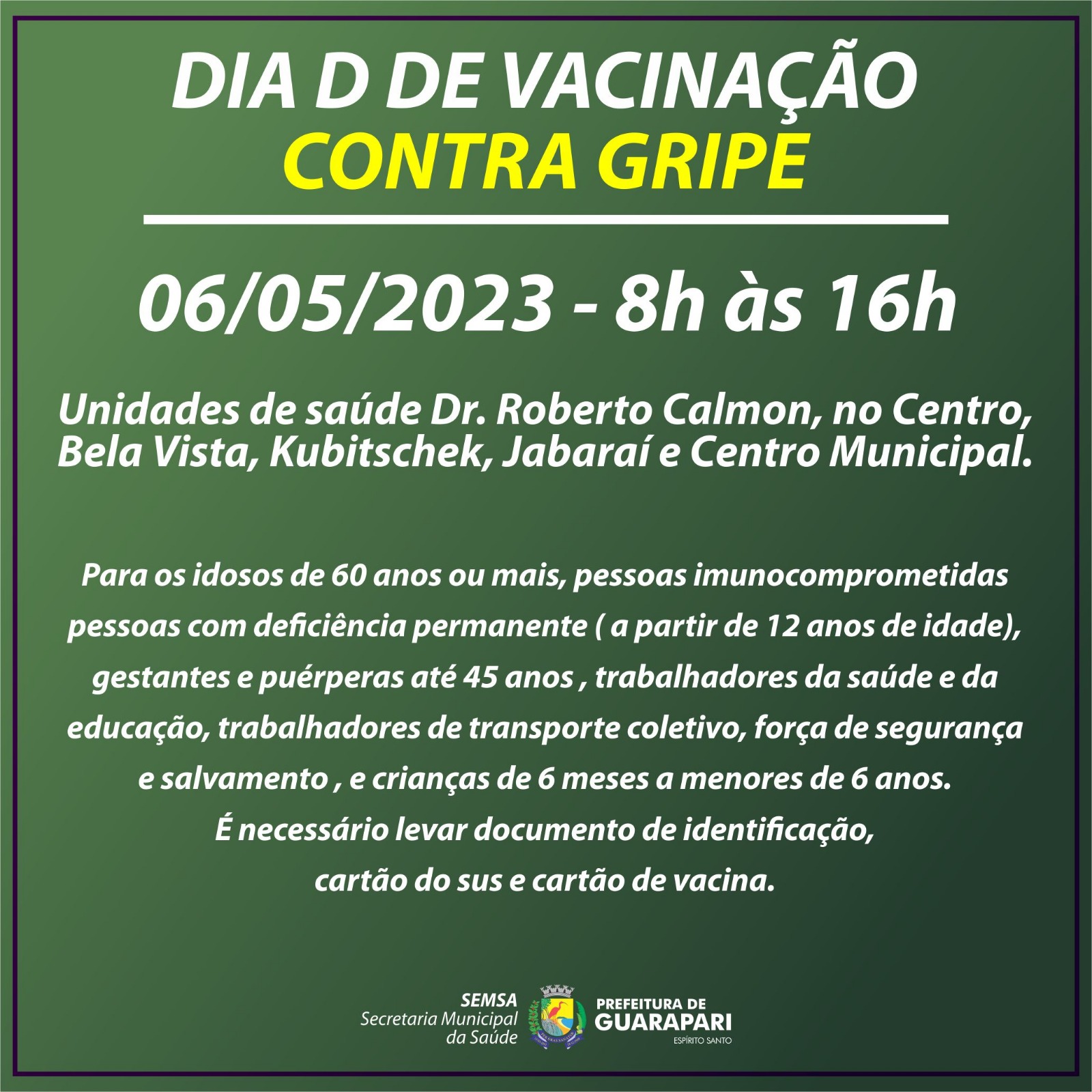 Guarapari fará dia D de Vacinação contra gripe nesta sábado (06)