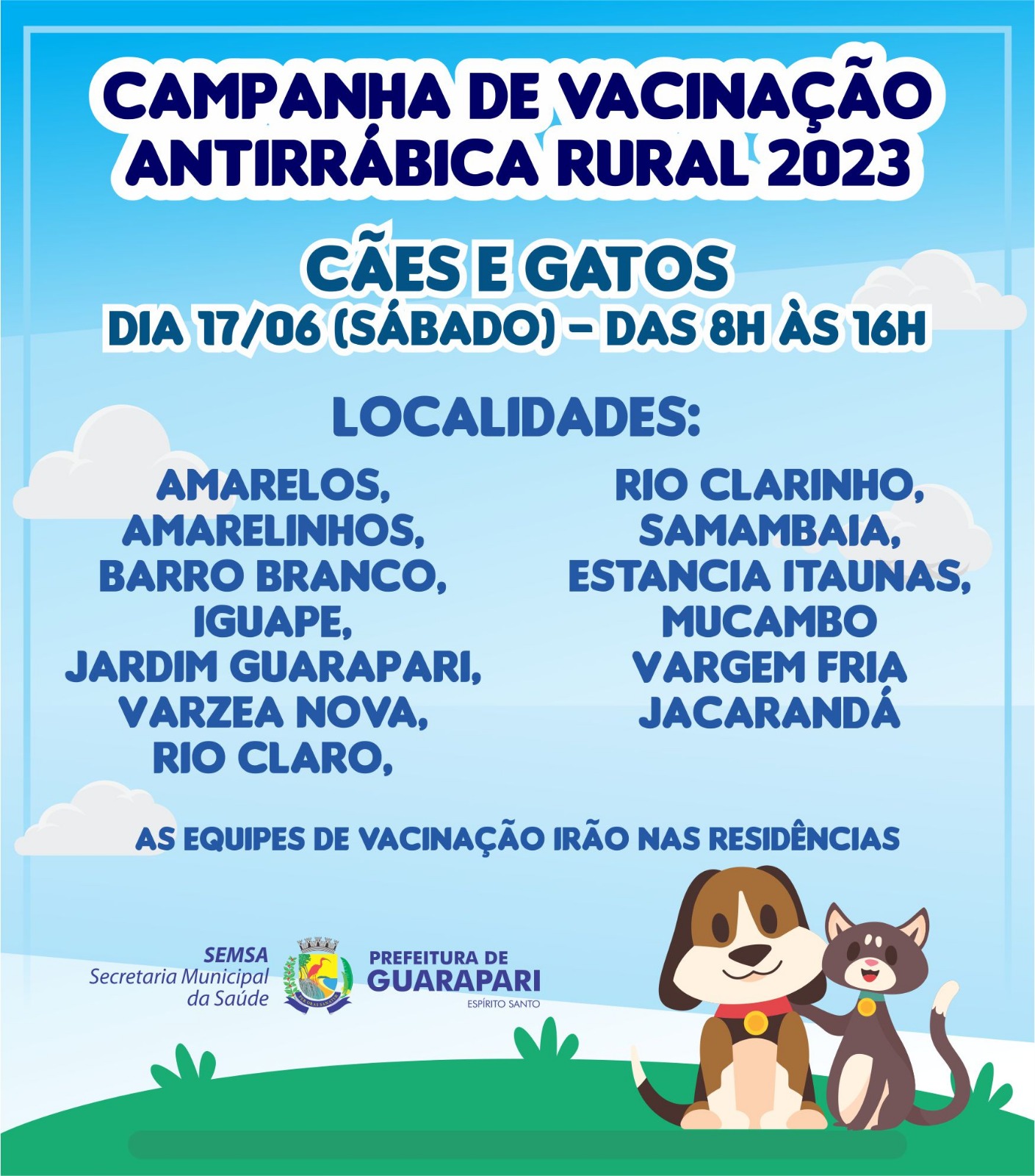 2ª fase da Vacinação Antirrábica na zona rural, acontecerá neste sábado (17)