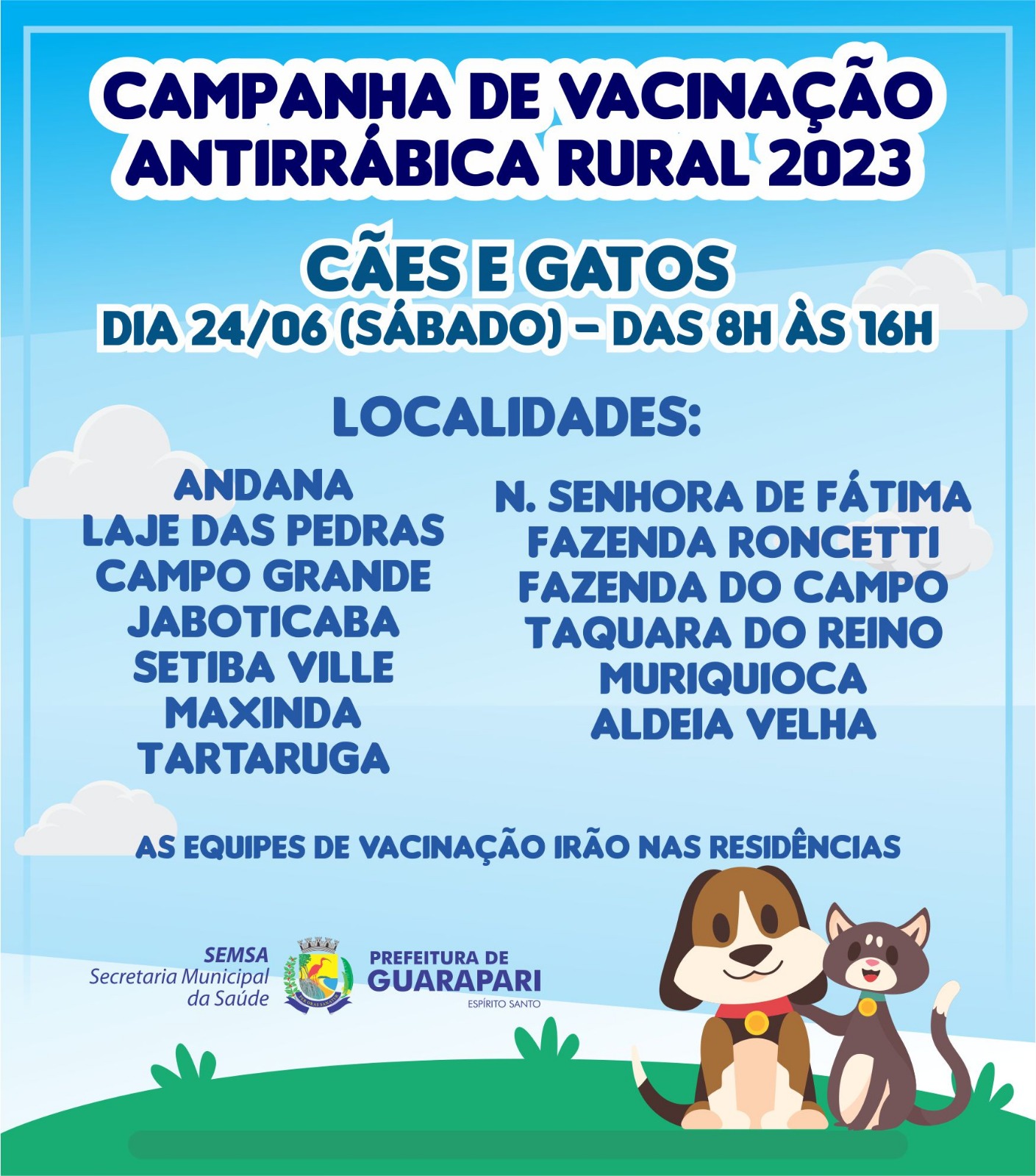 3ª fase da Vacinação Antirrábica na zona rural, acontecerá neste sábado.