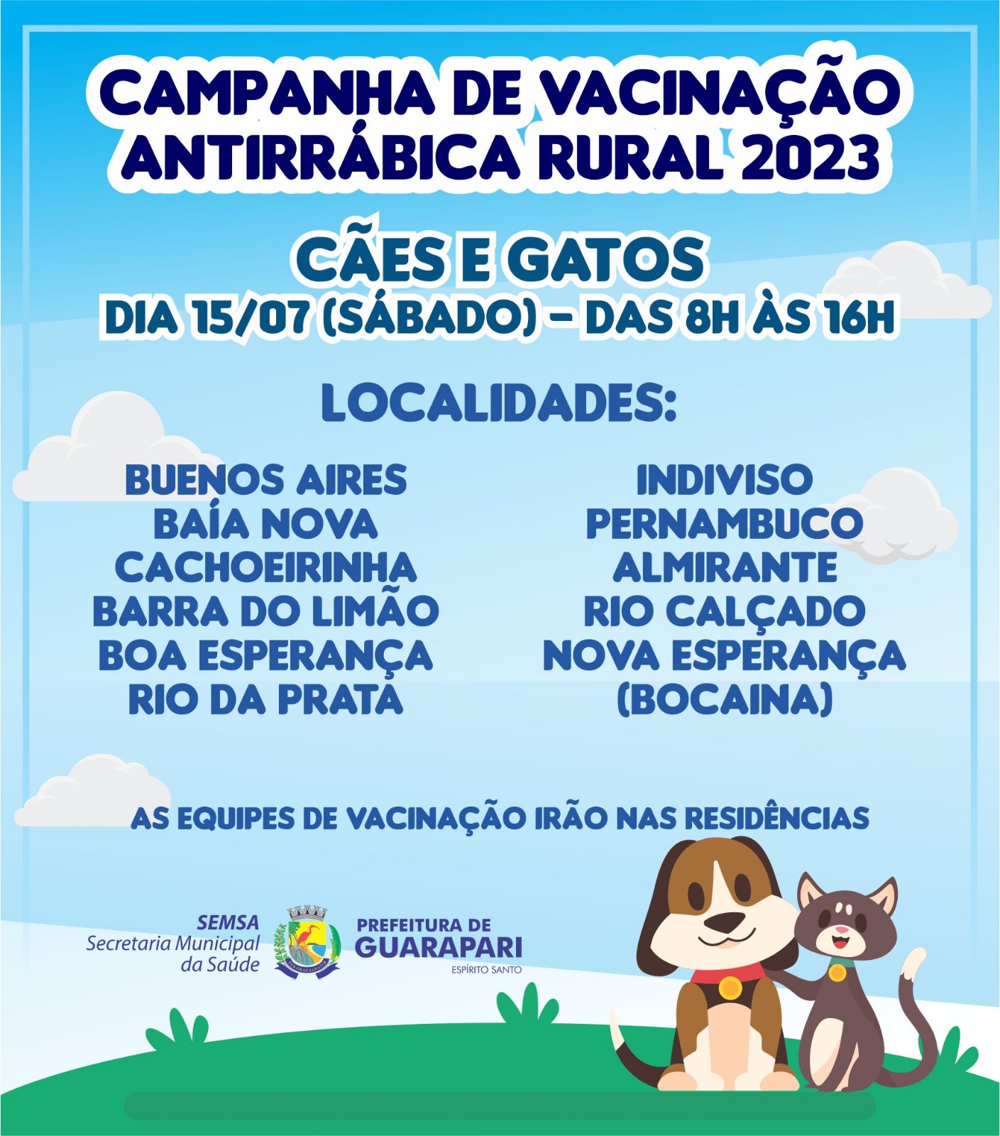 Neste sábado (15), acontecerá a 3ª fase da Campanha Municipal de Vacinação, contra a Raiva na área rural. 