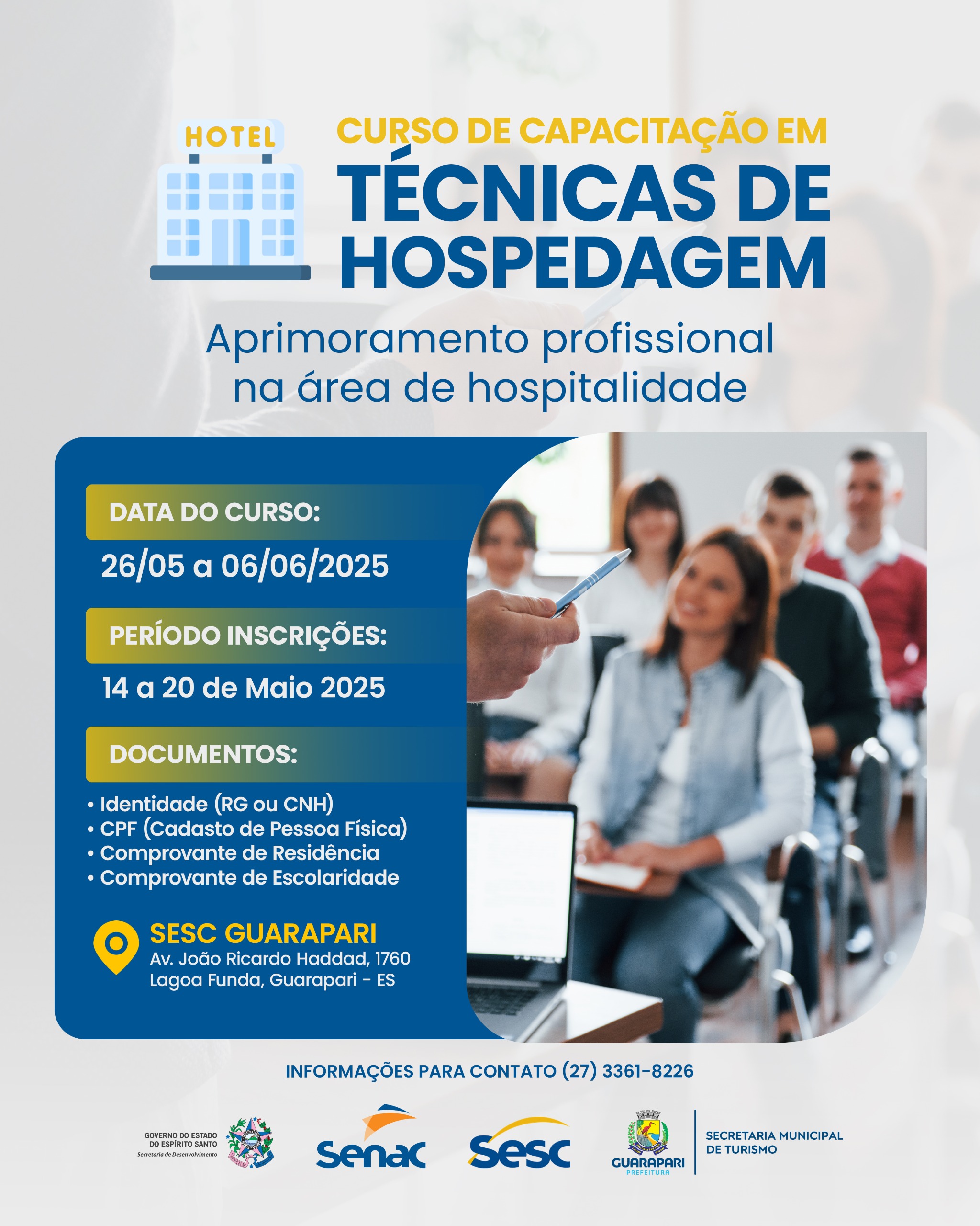 Prefeitura de Guarapari oferece curso gratuito de Técnicas de Hospedagem em parceria com SETUR-ES e SENAC-ES
