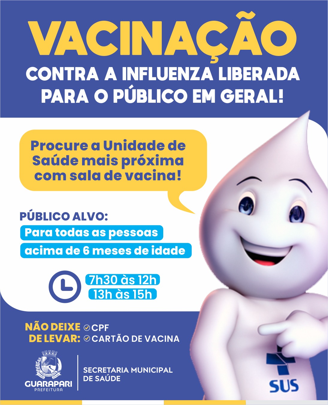 Vacinação contra a gripe está liberada para toda a população em Guarapari