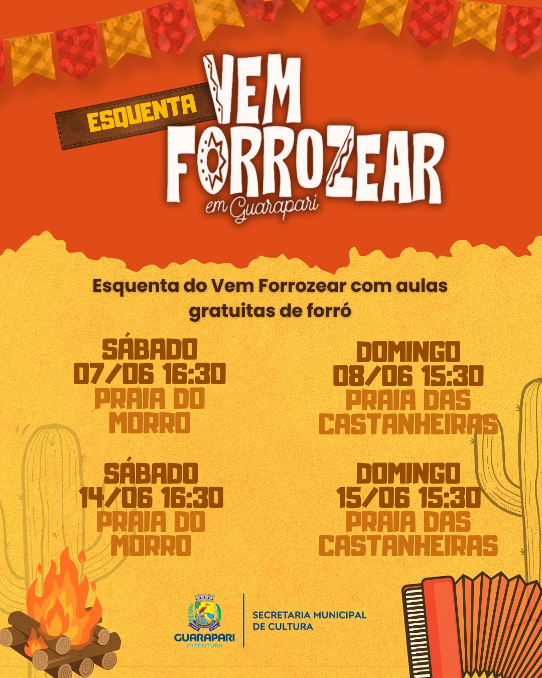 Aulas gratuitas de forró nas praias de Guarapari como 'esquenta' para o Festival “Vem Forrozear”