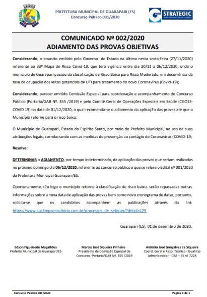 Comunicado: Adiamento das provas objetivas do concurso 