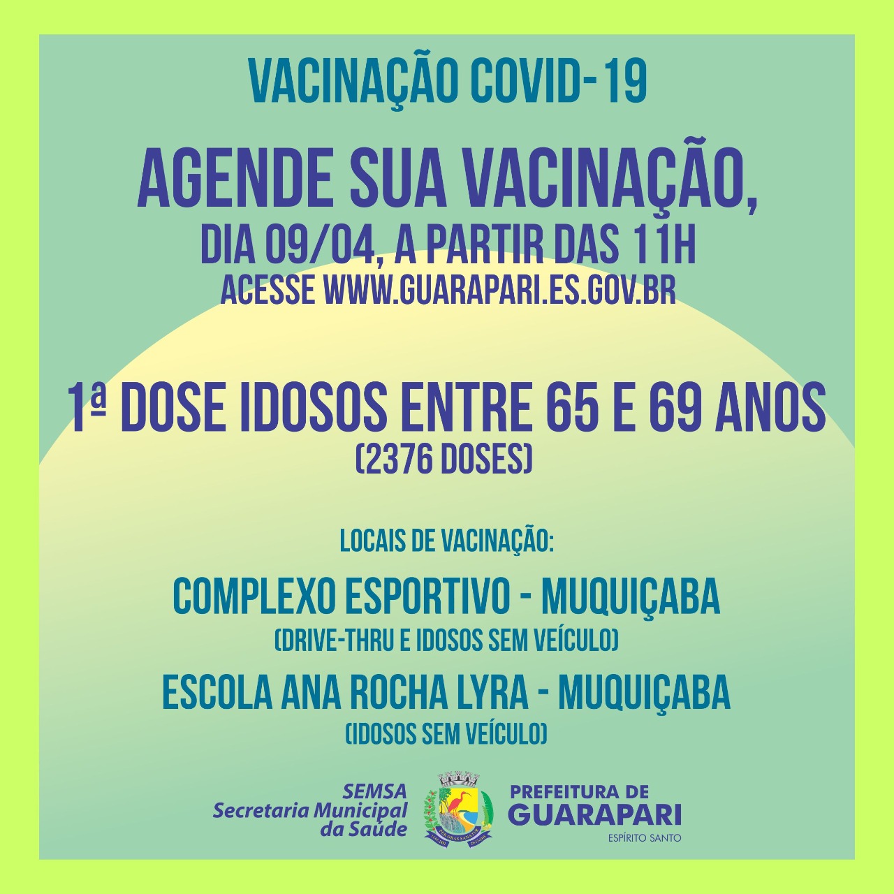 Covid-19: Prefeitura de Guarapari abre novo agendamento para vacinar idosos de 65 a 69 anos