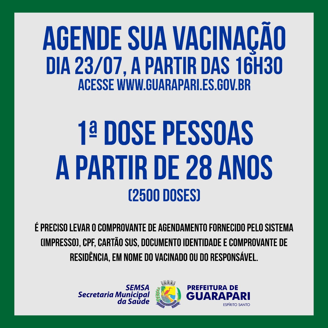 Vacinação Covid-19: Guarapari abre mais de 2 mil vagas de agendamento para pessoas acima de 28 anos