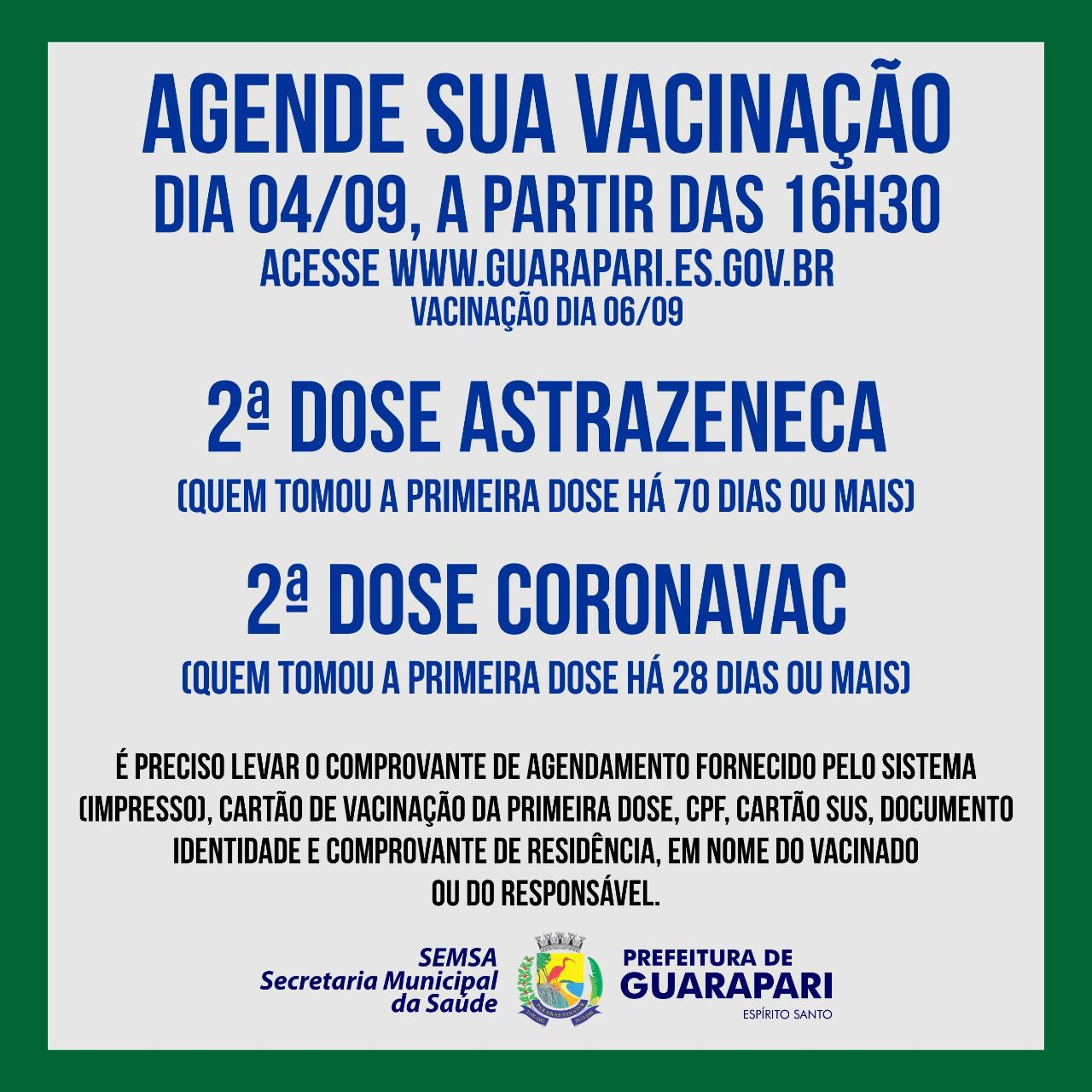 Vacinação contra Covid-19: Prefeitura de Guarapari abre novo agendamento para segunda dose de AstraZeneca e Coronavac