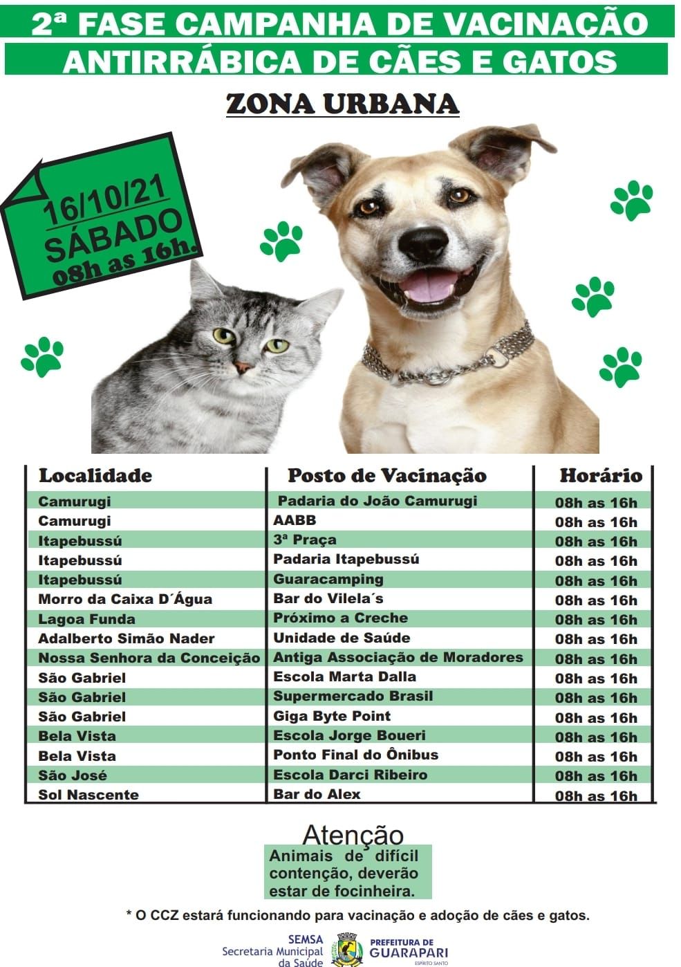 Guarapari realiza neste sábado a 2ª fase da campanha de vacinação para cães e gatos na área urbana