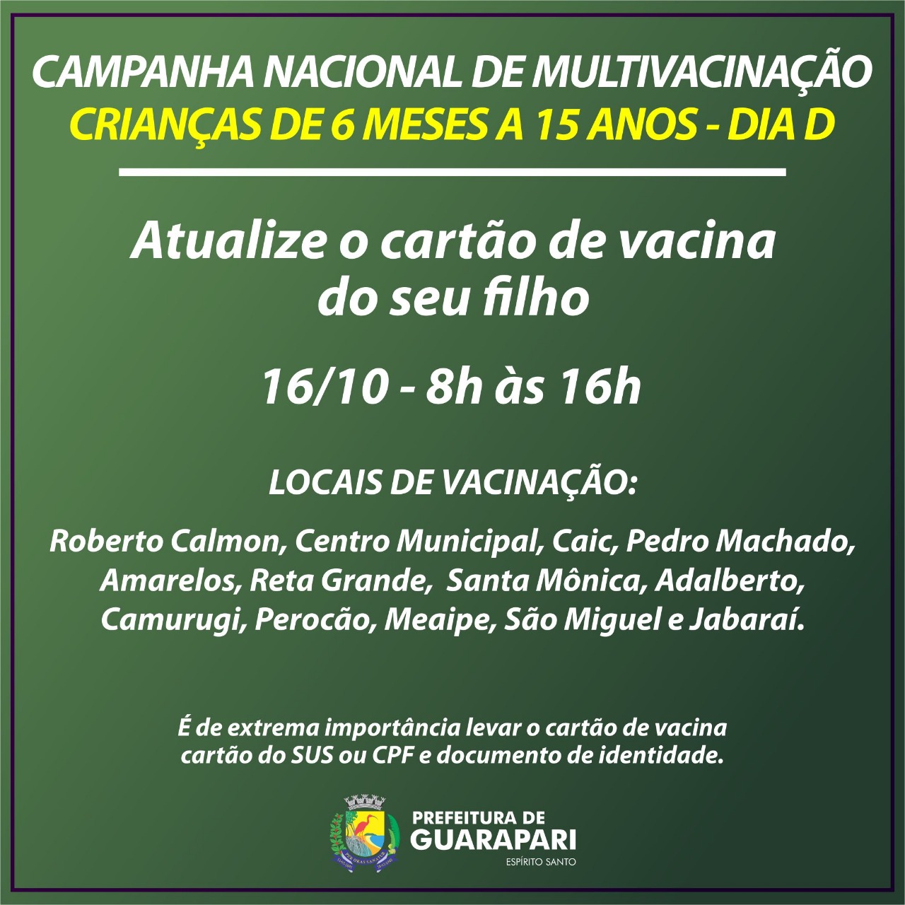 Neste sábado tem campanha de multivacinação em Guarapari 