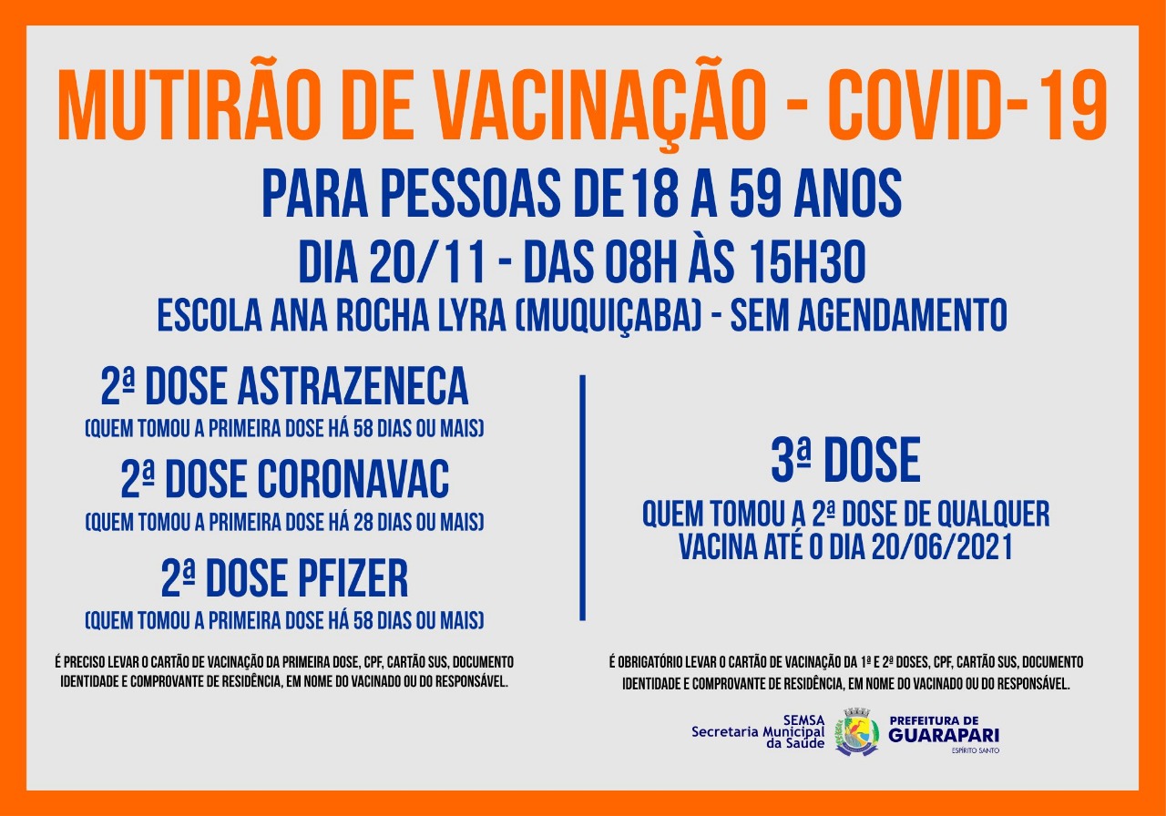 Prefeitura de Guarapari realiza mutirão de vacinação para 2ª e 3ª dose neste sábado
