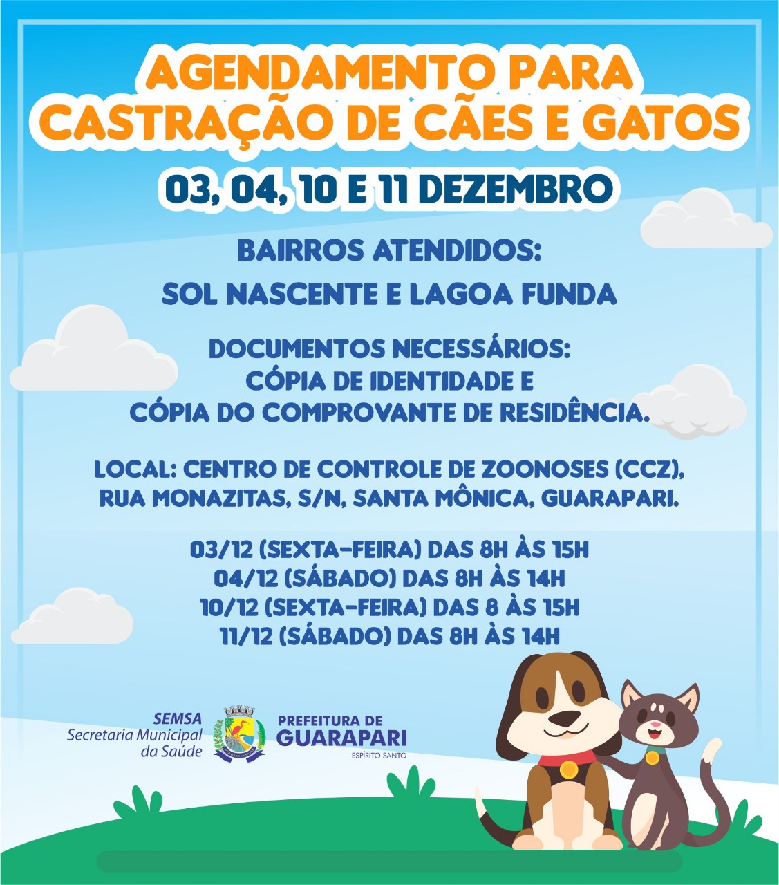 Prefeitura de Guarapari realiza ação de agendamento para castração de cães e gatos dos bairros Sol Nascente e Lagoa Funda