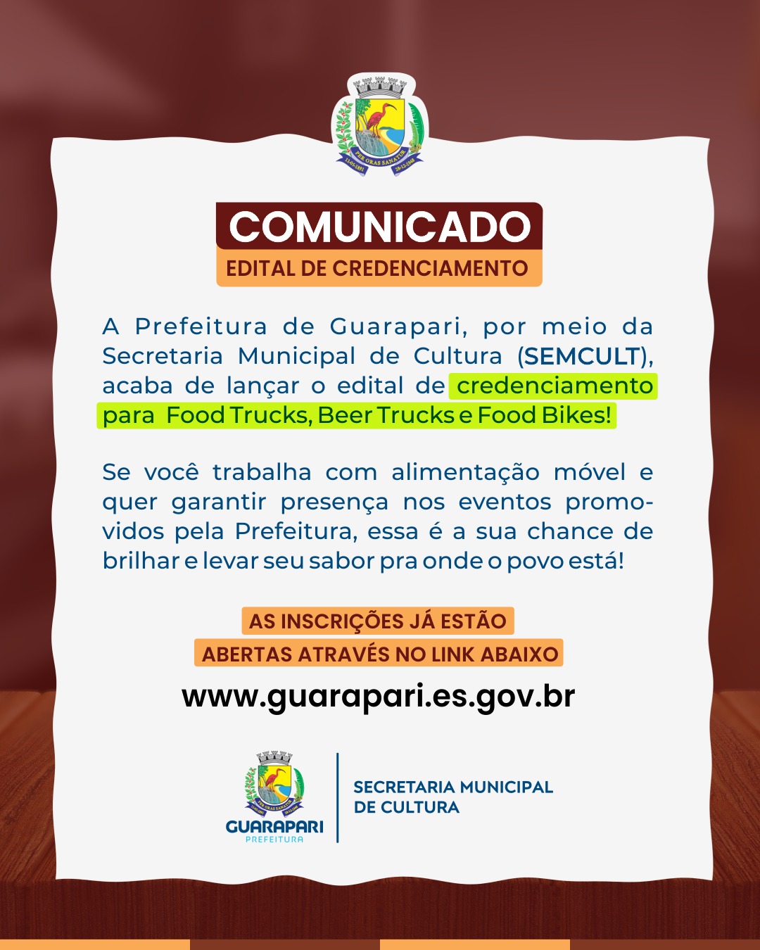 Guarapari abre credenciamento para Food Trucks, Beer Trucks e Food Bikes em eventos culturais